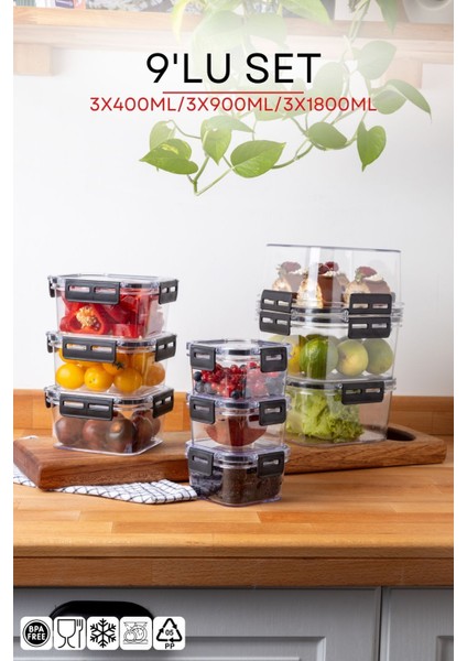 9'lu Set Kilit Kapaklı Kare Clear Saklama Kabı Seti - 400-900-1800ML