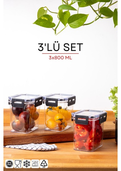 3'lü Set Kilit Kapaklı Dikdörtgen Clear Saklama Kabı Seti -800ML