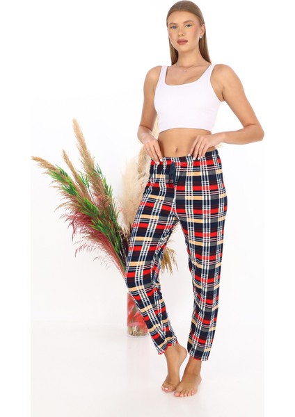 Yumuşacık Çizlili Desenli Pamuklu Renkli Kurdelalı Nefes Alan Kumaş Pijama Altı Eşofman Kırmızı modelleri