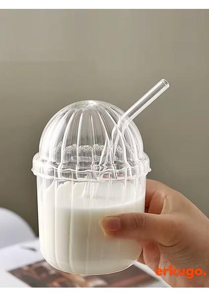 Cam Kapaklı Pipetli Borosilikat Sunum Bardağı - Isıya Dayanıklı Bardak - Kahve Bardağı - 450 ml - Mocha