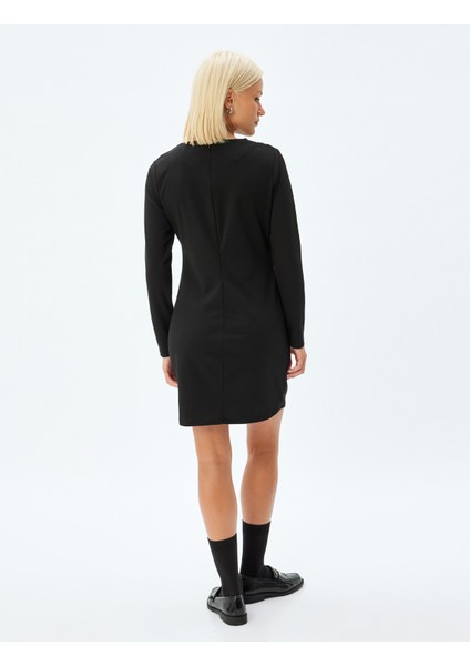 Uzun Kollu Mini Elbise Drape Detaylı Yuvarlak Yaka Slim Fit Krep Scuba Kumaş fırsatları