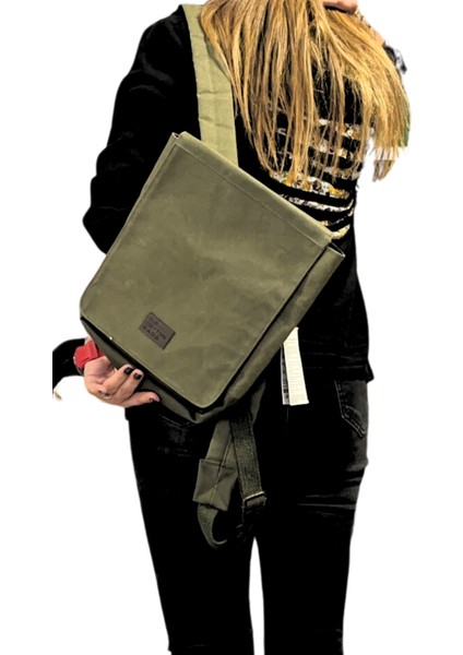 Unisex Su Geçirmez Kanvas Sırt Laptop Çantası Haki