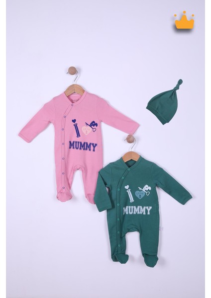 Babyhola %100 Pamuk I Love Mummy 2'li Çıtçıtlı Patikli Tulum Önlük Bere 4'lü Takım 539