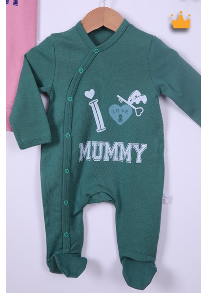 Babyhola %100 Pamuk I Love Mummy 2'li Çıtçıtlı Patikli Tulum Önlük Bere 4'lü Takım 539