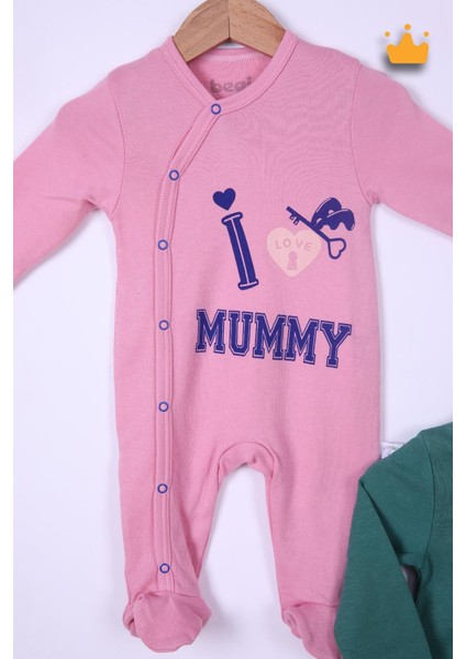 Babyhola %100 Pamuk I Love Mummy 2'li Çıtçıtlı Patikli Tulum Önlük Bere 4'lü Takım 539