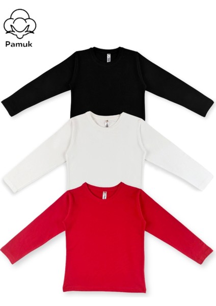 Kız Erkek Unisex Çocuk 3'lü Set Basic Tasarım Mevsimlik Uzun Kollu Tişört badi