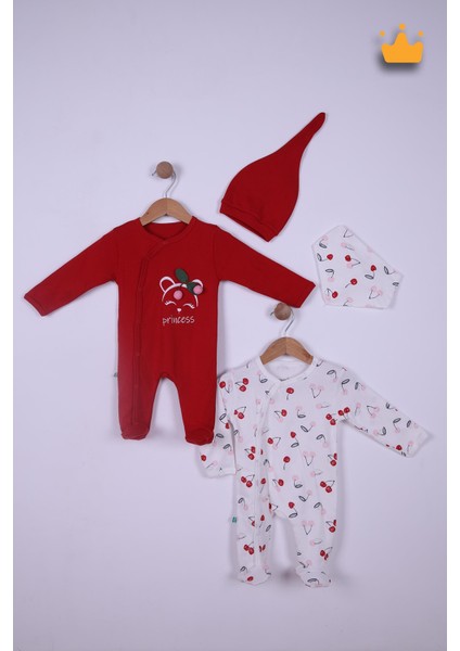 %100 Pamuk Kirazlı 2'Li Patikli Tulum Önlük Bere 4'Lü Set 23608