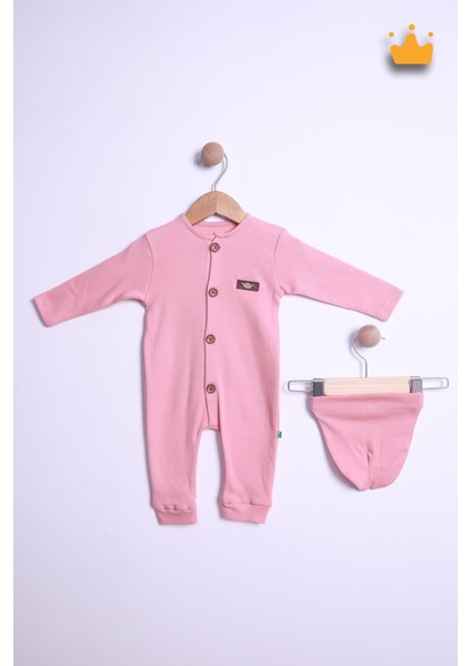 Babyhola %100 Pamuk Önden Düğmeli İnterlok Tulum Bere Takım 23630