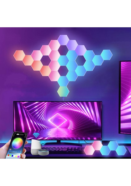 Rgb LED Akıllı Altıgen Duvar Lambası Kumandalı Gece Işığı Fuaye Çalışma Oyun ve Yatak Odası 6 Panel