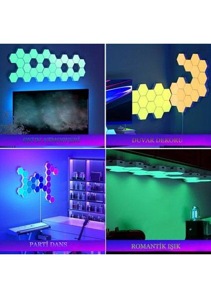Rgb LED Akıllı Altıgen Duvar Lambası Kumandalı Gece Işığı Fuaye Çalışma Oyun ve Yatak Odası 6 Panel