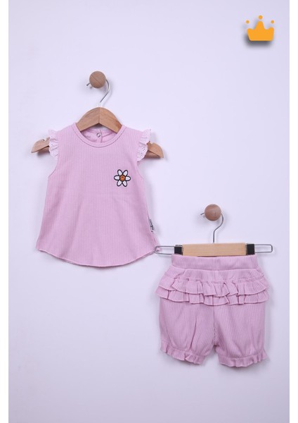 Babyhola %100 Pamuk Kız Bebek Papatya Nakışlı Kolları Güpürlü Şortlu Takım 3662