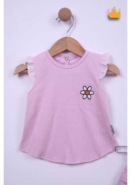 Babyhola %100 Pamuk Kız Bebek Papatya Nakışlı Kolları Güpürlü Şortlu Takım 3662