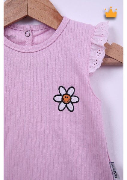 Babyhola %100 Pamuk Kız Bebek Papatya Nakışlı Kolları Güpürlü Şortlu Takım 3662
