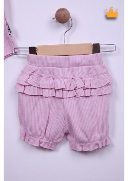 Babyhola %100 Pamuk Kız Bebek Papatya Nakışlı Kolları Güpürlü Şortlu Takım 3662