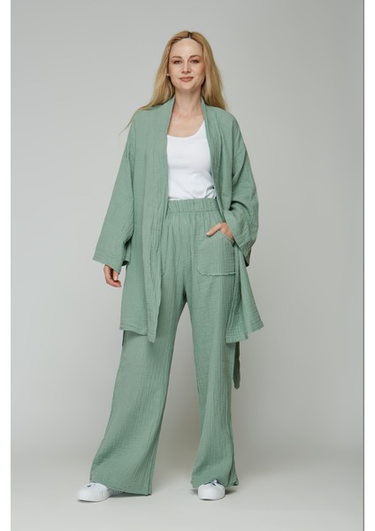 Müslin %100 Pamuk Kimono & Pantolon 2 Li Takım
