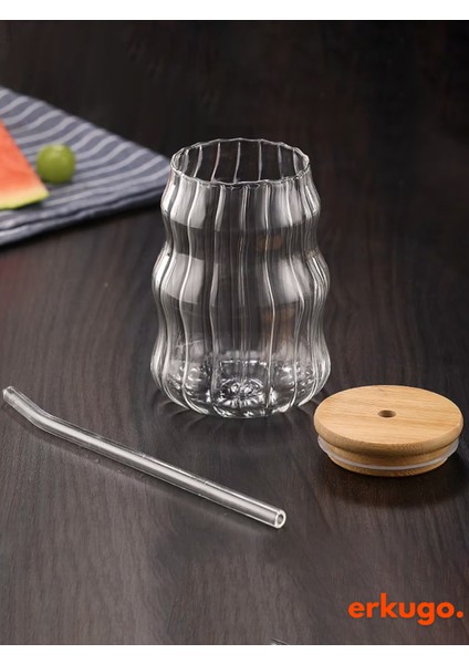 Bambu Kapaklı Pipetli Borosilikat Sunum Bardağı - Kahve Bardağı - Isı Dayanıklı Bardak - 550 ml - Berry