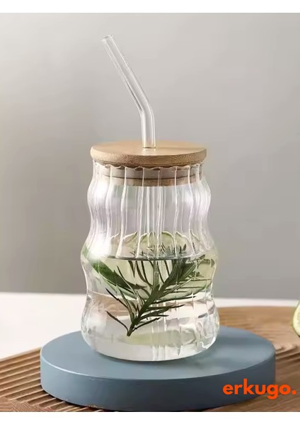 Bambu Kapaklı Pipetli Borosilikat Sunum Bardağı - Kahve Bardağı - Isı Dayanıklı Bardak - 550 ml - Berry