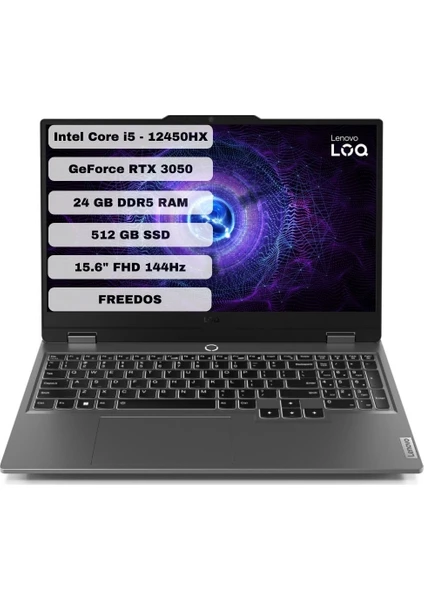 LOQ Intel Core i5 12450HX 24GB 512GB SSD RTX3050 Freedos 15.6" FHD Taşınabilir Bilgisayar 83GS0099TR