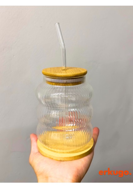 Bambu Kapaklı Pipetli Borosilikat Sunum Bardağı - Kahve Bardağı - Isı Dayanıklı Bardak - 700 ml - Ripple