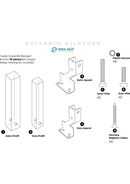 Erol Kilit 3 Adet Pencere Kilidi - Pencere Güvenlik Bariyeri - Taşınabilir Korkuluk