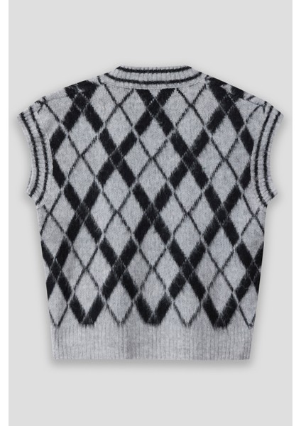 Kadın V Yaka Fitilli Kenarlı Kolsuz Baklava Desen % 100 Ipek Şardonlu 2 Renk Süveter