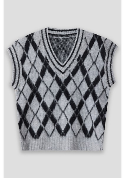 Kadın V Yaka Fitilli Kenarlı Kolsuz Baklava Desen % 100 Ipek Şardonlu 2 Renk Süveter fiyatları