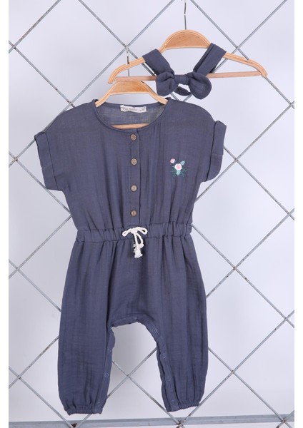 Babyhola %100 Pamuk Kız Bebek Yazlık Müslin Tulum Saç Bandı 2'li Bayramlık Set 4931