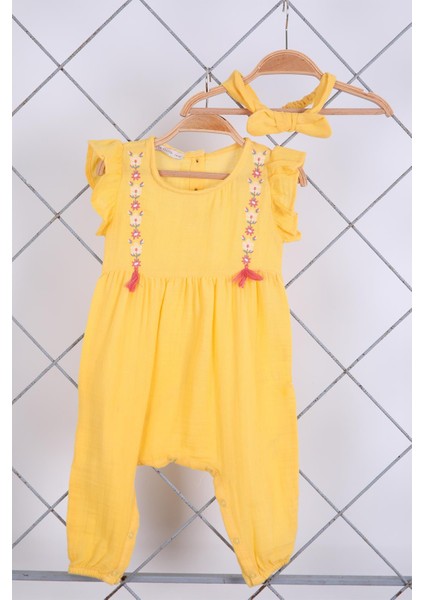 Babyhola %100 Pamuk Nakışlı Kız Bebek Yazlık Müslin Tulum Saç Bandı 2'li Bayramlık Set Sarı 5102