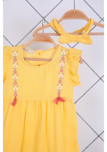 Babyhola %100 Pamuk Nakışlı Kız Bebek Yazlık Müslin Tulum Saç Bandı 2'li Bayramlık Set Sarı 5102