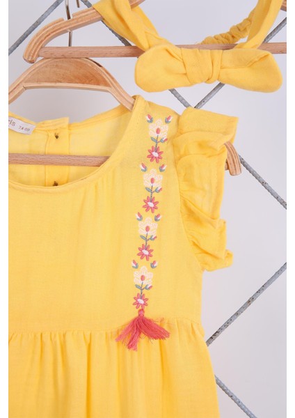 Babyhola %100 Pamuk Nakışlı Kız Bebek Yazlık Müslin Tulum Saç Bandı 2'li Bayramlık Set Sarı 5102