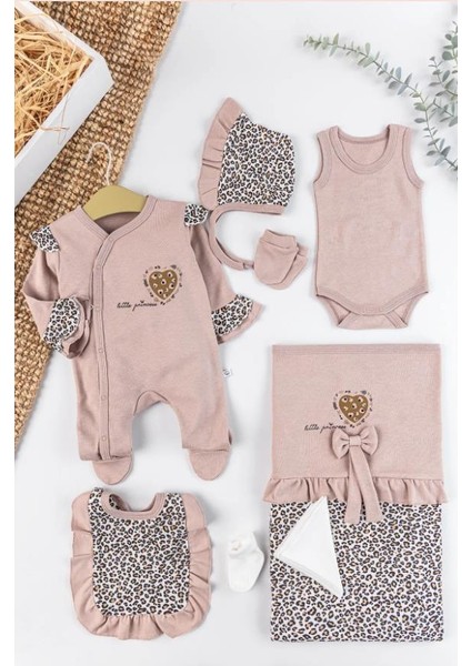Babyhola Leopar Desen Kız Bebek Yenidoğan 8'li Tulum Seti 0-3 Ay Hediyelik Hastane Çıkışı 5016