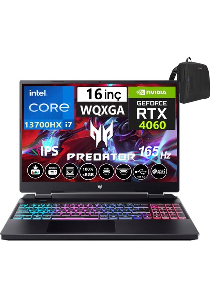 Predator Helios Intel I7 13700HX 24GB Ddr5 1tb SSD 8GB/RTX4060 WINDOWS11PRO 16" 165 Hz Fhd IPS Taşınabilir Bilgisayar WNHQLUEY00442+WEBLEGELSINÇANTA