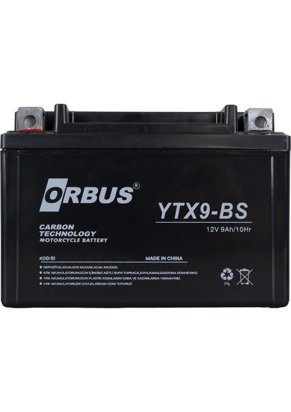 Orbus Ytx9-Bs 12V 9A Motosiklet Aküsü (150 x 86 x 107 Mm) (2.9kg)