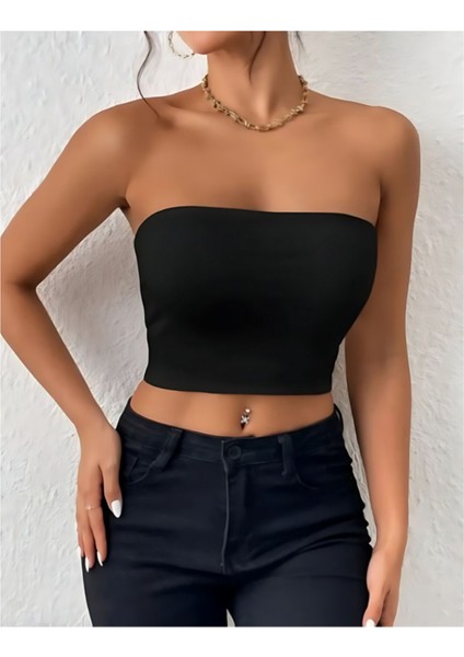 Kadın Kolsuz Straplez Dalgıç Crop Bluz