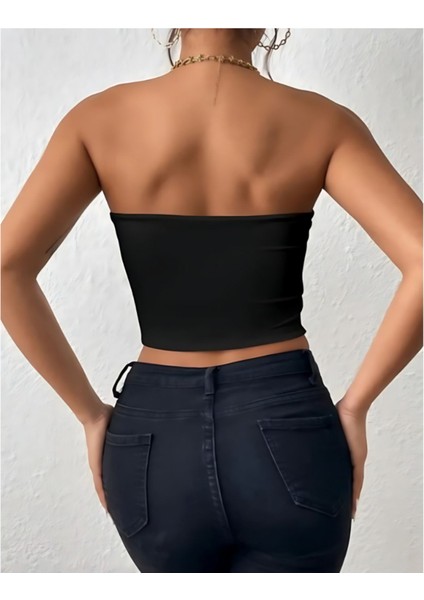 Kadın Kolsuz Straplez Dalgıç Crop Bluz