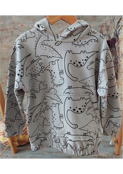 Dinozor Baskılı,kapüşonlu,kanguru Cepli,çocuk Sweatshirt