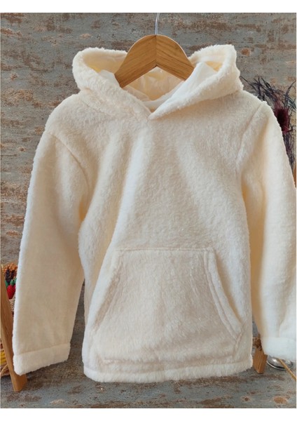 Ekru Renk,peluş Kapüşonlu Kız Çocuk Sweatshirt