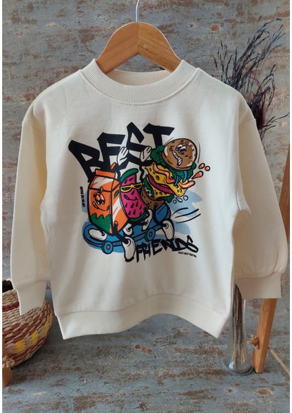 Ekru Renk Üzerine Baskılı,3 Ip Şardonlu Unisex Çocuk Sweatshirt
