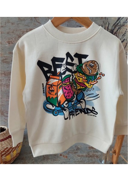 Ekru Renk Üzerine Baskılı,3 Ip Şardonlu Unisex Çocuk Sweatshirt fiyatları