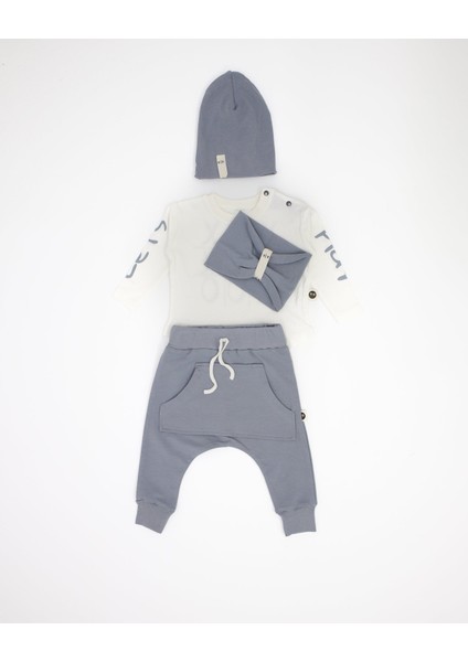 Bebek 'OXO' Baskılı 4'lü Set - Pantolon / Uzun Kollu Body / Şapka / Tulum Set_RG226