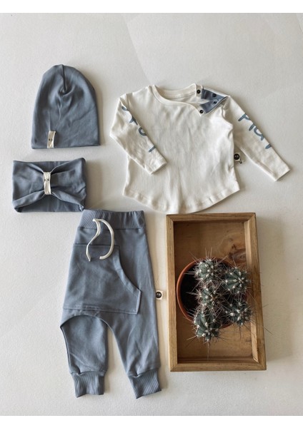 Bebek 'OXO' Baskılı 4'lü Set - Pantolon / Uzun Kollu Body / Şapka / Tulum Set_RG226 modelleri