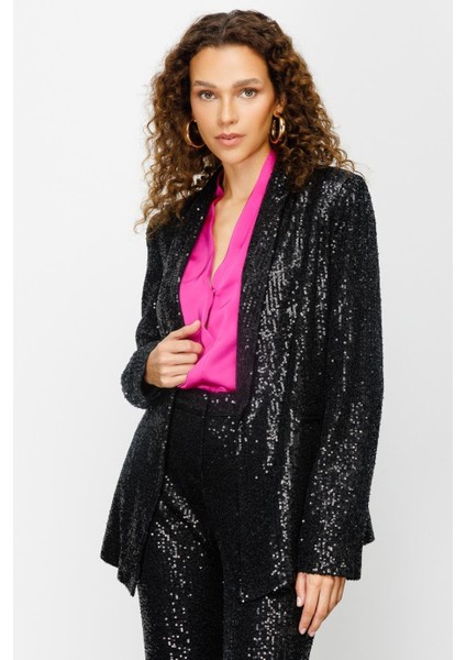Pul Payetli Siyah Kadın Ceket 4089-2K4