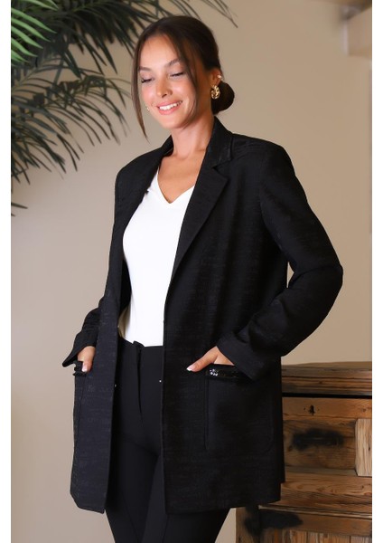 Uzun Kollu Cepleri Işlemeli Siyah Kadın Ceket 6152-2Y4 modelleri