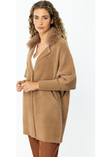 Kürk Yaka Triko Camel Kadın Hırka 43925-2K5 modelleri
