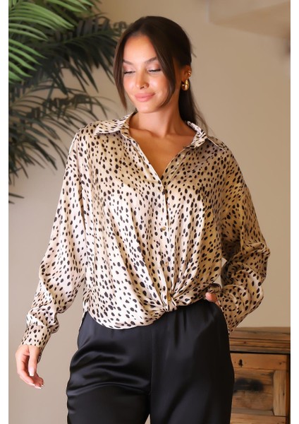 Leopar Desenli Uzun Kollu Bej Kadın Bluz 18462-2K5