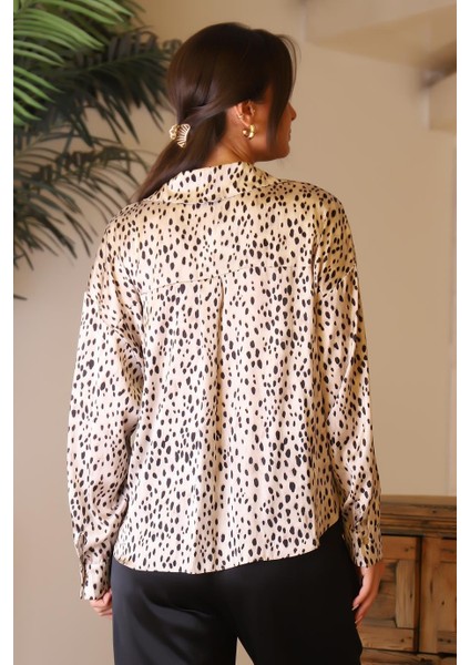 Leopar Desenli Uzun Kollu Bej Kadın Bluz 18462-2K5
