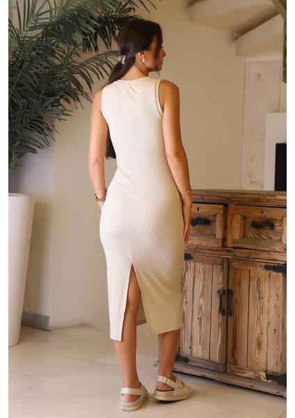 Kolsuz Sıfır Yaka Yırtmaçlı Taş Kadın Elbise S0016498-2Y4