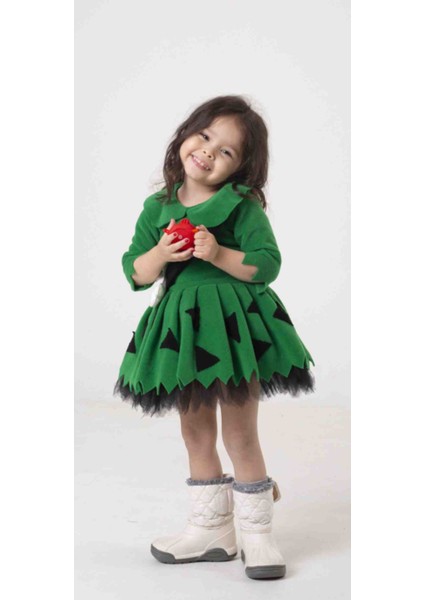Kız Çocuk Yeşil Taş Devri Çakıl Elbise Doğum Günü Parti Özel Gün Green Stone Age Dress