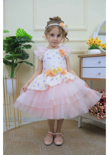 Tül Etekli Çiçek Desenli ve Detaylı Kız Çocuk Abiye Elbise