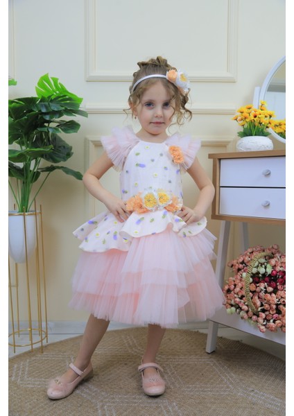 Tül Etekli Çiçek Desenli ve Detaylı Kız Çocuk Abiye Elbise fiyatları